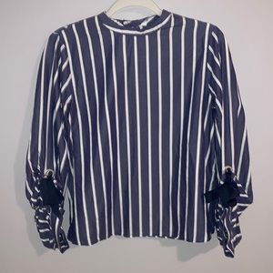 Blue and white striped blouse, tie up cuffs, linen type of material